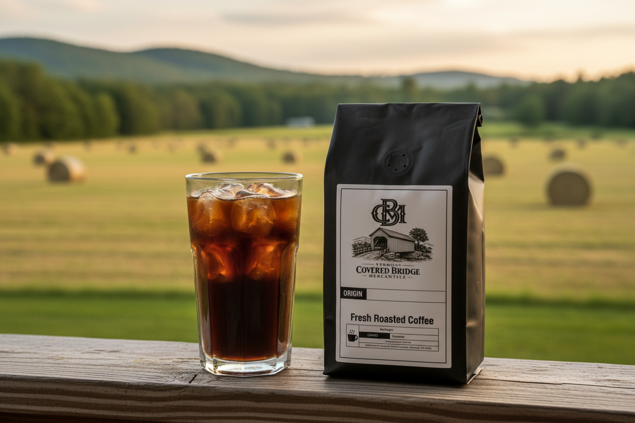 Coffee bag standing beside iced coffee in clear glass