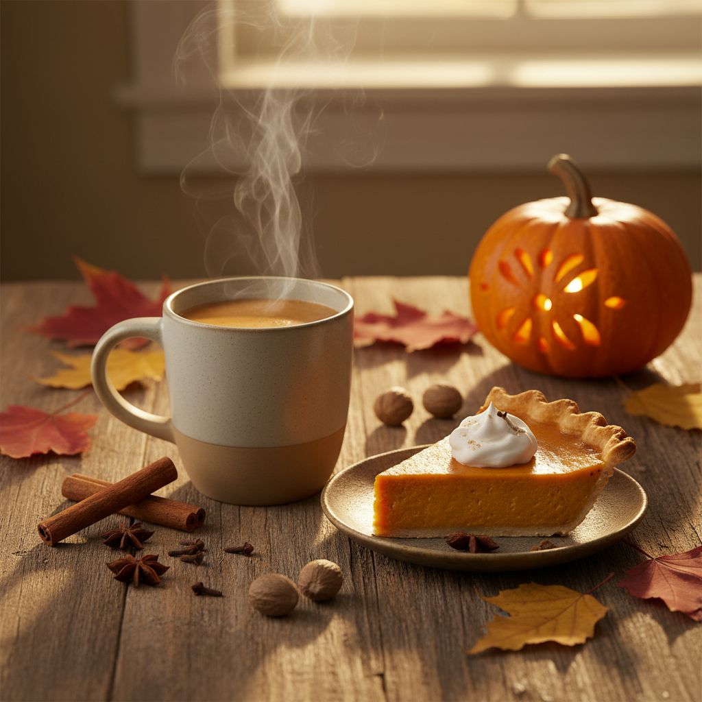 Hot coffee mug with foamy surface, pumpkin decor, and dessert slice with cream