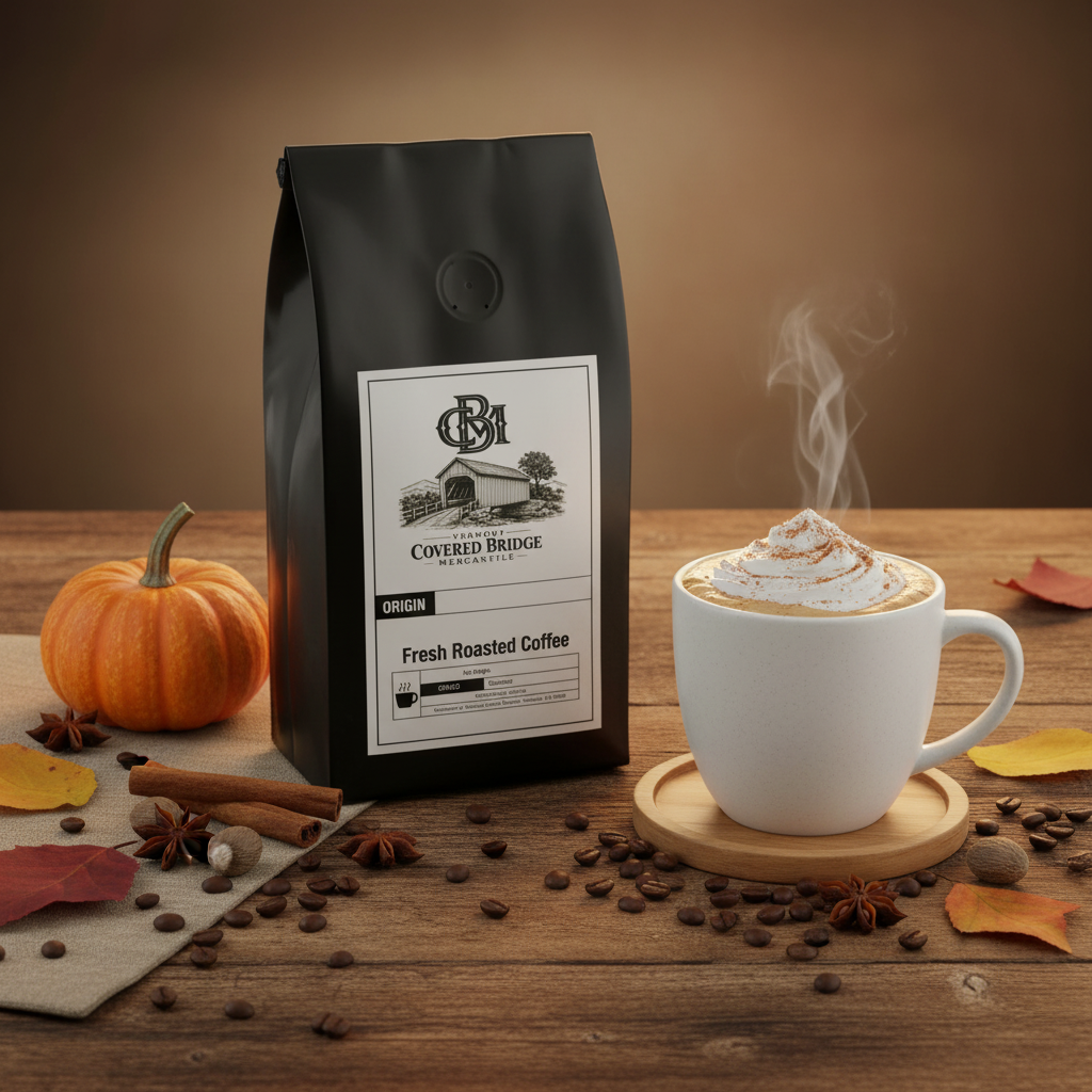 Black coffee bag with label, beside hot coffee mug on wooden board