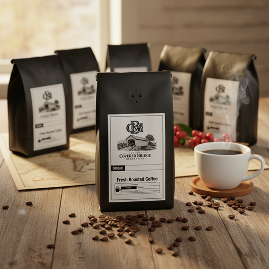 Assorted coffee sample bags and a cup of brewed coffee on table