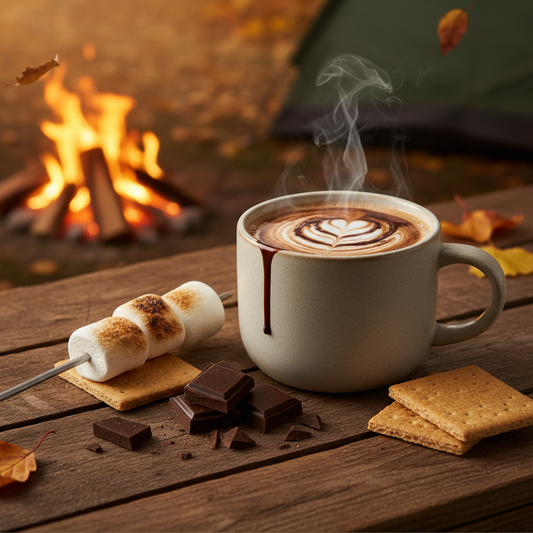 Campfire-style coffee cup with latte art, marshmallows and chocolate pieces on wooden table