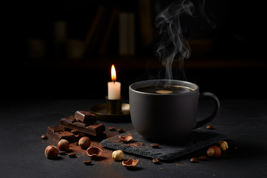 Coffee mug with dark coffee and scattered beans and chocolate pieces on a board