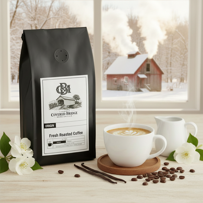 Black coffee bag with front label next to white coffee cup and coffee beans