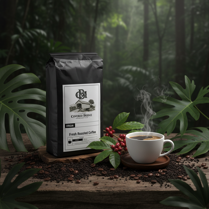 Coffee bag with a mug of brewed coffee and visible coffee beans