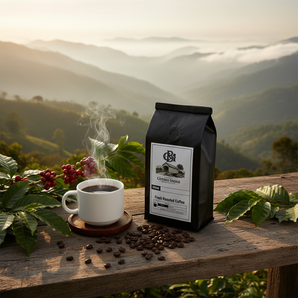 Bag of fresh roasted coffee with cup, scattered coffee beans on wooden table