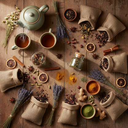 Mint herbal tea arrangement with cups, mint leaves, spices, and loose leaves