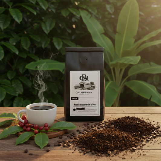 Coffee bag in black with Covered Bridge logo and Fresh Roasted Coffee label