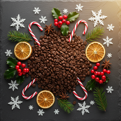 Coffee bean wreath with candy canes, holly, cranberries, and orange slices